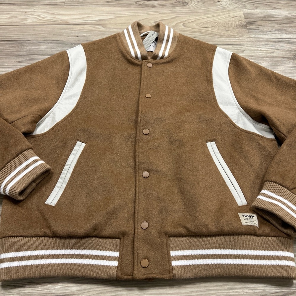 Hudson Varsity Jacket Wool Blend Snap Up Tan Pockets Men’s Size XL HM-110F4 $248